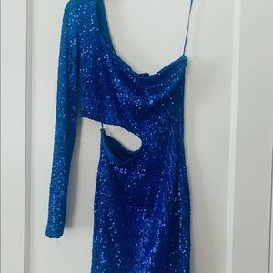 One shoulder sequin blue cut out dress